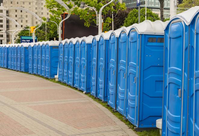 a fleet of portable restrooms ready for use at a large outdoor wedding or celebration in Delano CA